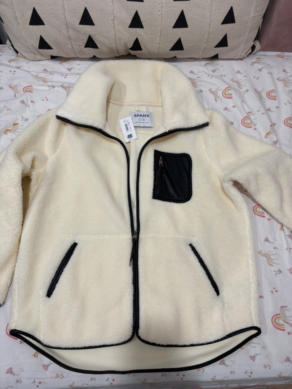 NWT SPANX Fleece Full Zip Jacket Frosted Ivory Black Sherpa Teddy MSRP $198